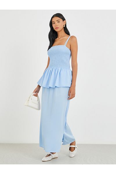Styli Solid Smocked Strappy Top and Midi Skirt Co-Ords