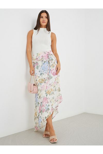 Styli Floral Print Side Ruched Asymmetric Hem Maxi Skirt