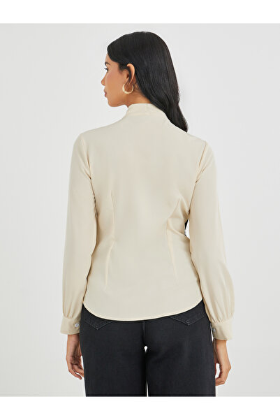 Take Two By Styli Color Block Tie Up Neck Long Sleeve Blouse