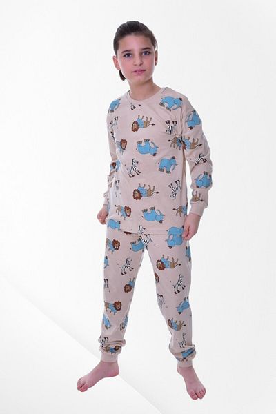 Pajama Shop Boys' 100% Cotton Beige Color Elephant Zebra Lion Patterned Long Sleeve Winter Pajama Set
