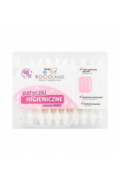 Bocioland Set 60 betisoare pentru bebelusi cu opritor pentru urechi, nas si buric, biodegradabile, 0 luni+