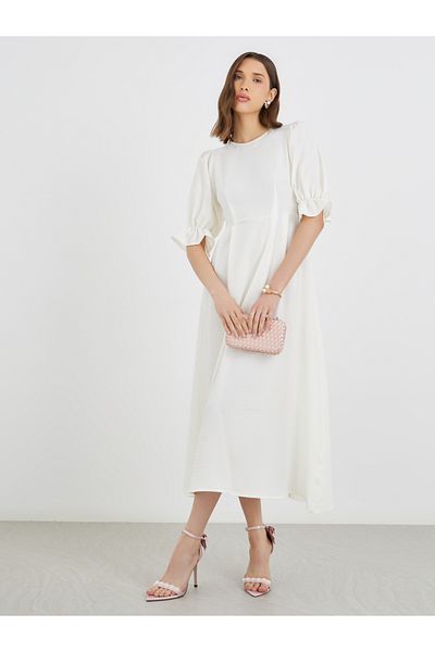 Styli Solid Puff Sleeve Round Neck A-Line Midi Dress
