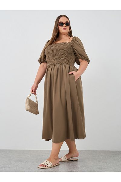 Styli Plus Size Puff Sleeve Smocked Detail A-Line Midi Dress