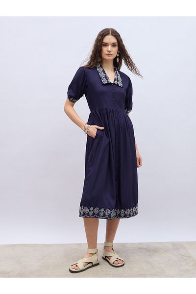 Styli Embroidered V Neck Puff Sleeves A-Line Midi Dress
