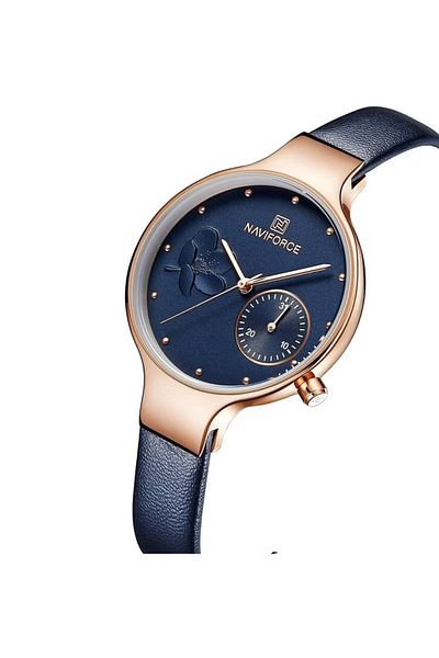 Naviforce Elegant Women's Quartz Watch Stylish Round Dial with Floral Embossed Design Sub-Dial Display