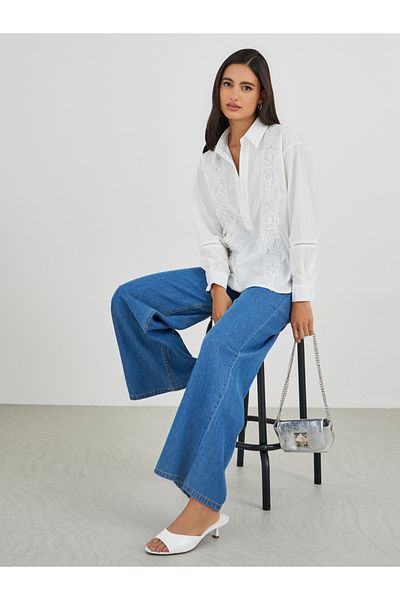 Styli Embroidered Long Sleeve Spread Collar Shirt