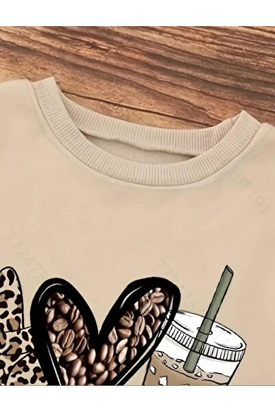 caddekombin Φούτερ με στάμπα Peace Love Coffee με λαιμόκοψη σε μπεζ χρώμα