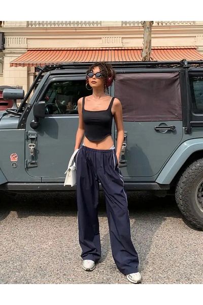 RockMore Y2K Navy Blue Striped Detail Sweatpants