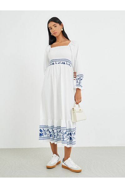 Styli Printed Long Sleeve Midi Dress with Smocked Detail