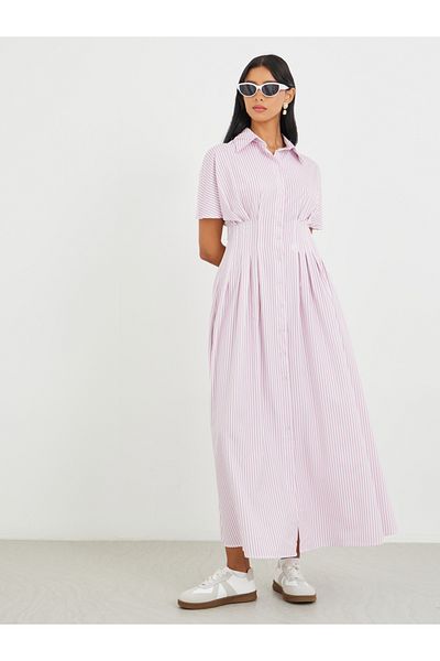 Styli Striped Short Sleeve Pleated Collared Maxi Dress