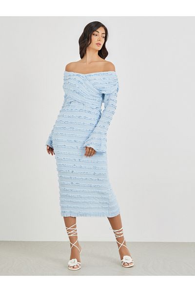 Styli Solid Ruffle Trim Off Shoulder Neck Sheath Midi Dress