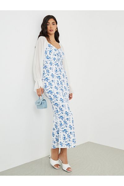 Styli Floral Printed Balloon Sleeves Sweetheart Neck Midi Dress