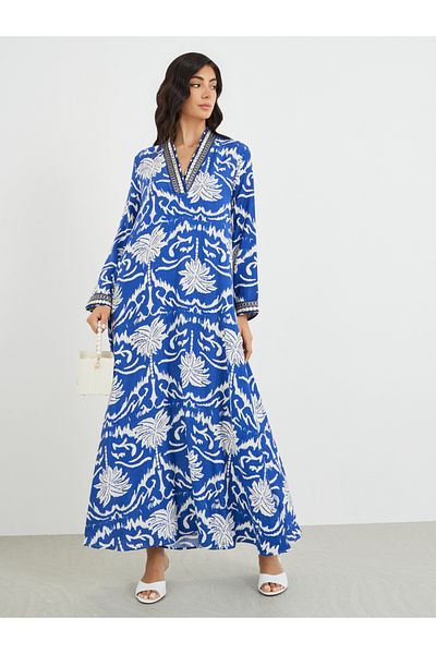 Styli Floral Print Lace Detail V-Neck A-Line Jalabiya