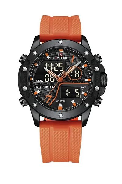 Naviforce Men's Tactical Analog Digital Watch Black Case with Orange TPU Strap Rugged Sports Chronograph