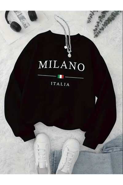 caddekombin Milano Italy Printed Crew Neck Black Sweatshirt