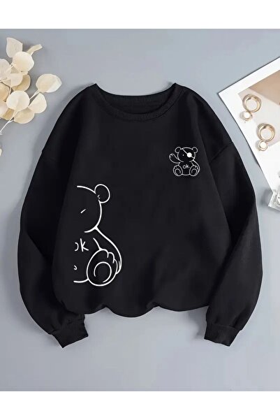 caddekombin Cute Bear Printed Crew Neck Black Sweatshirt