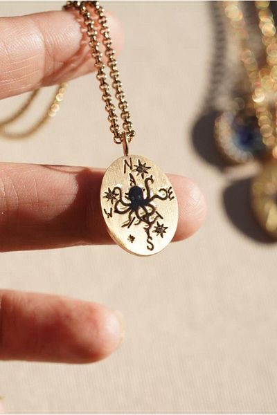 AŞIK ACCESSORIES Stainless Steel Octopus Compass Locket Necklace