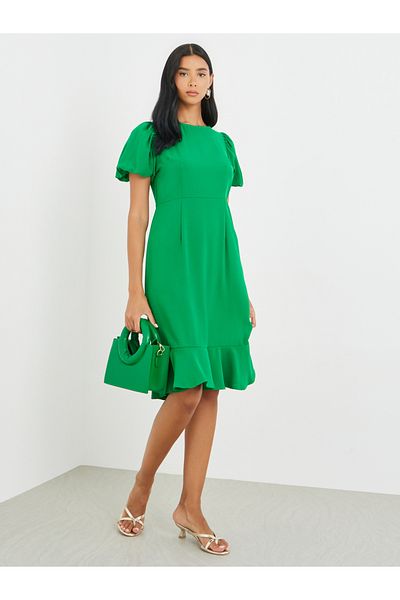 Take Two By Styli Solid Puff Sleeve Ruffle Hem Knee Length Dress