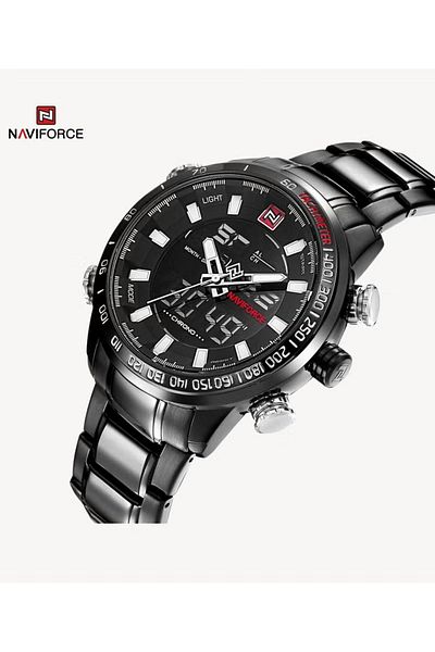 Naviforce Luxury Mens Chronograph Watch with Digital Analog Display Stainless Steel Band LED Backlight