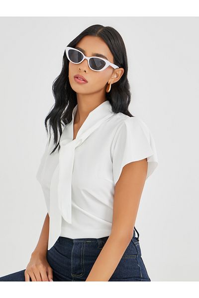 Take Two By Styli Solid Tie Up Neck Short Sleeve Blouse