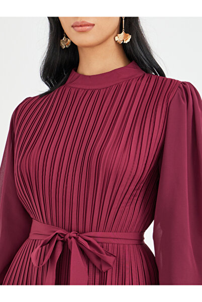 Take Two By Styli Solid Lantern Sleeve Pleated Ruffle Hem Midi Dress