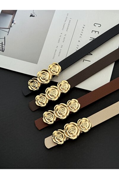 TABA BUTİK حزام جلد نسائي بإبزيم وردي ذهبي