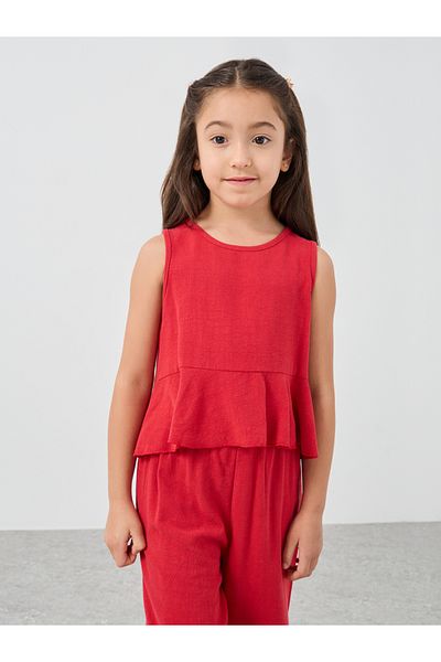 Styli Girls Red Solid Sleeveless Peplum Blouse and Pants Set