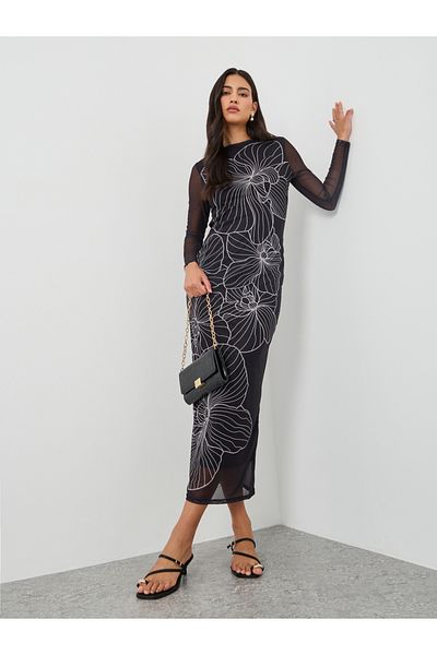 Styli Floral Print Long Sleeves Bodycon Maxi Dress
