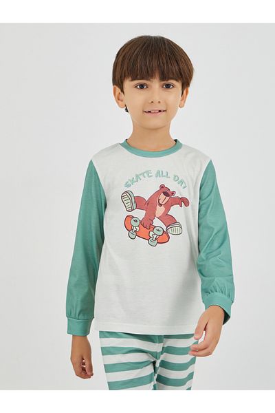 Styli Graphic Print Round Neck T-Shirt and Striped Pyjama Set