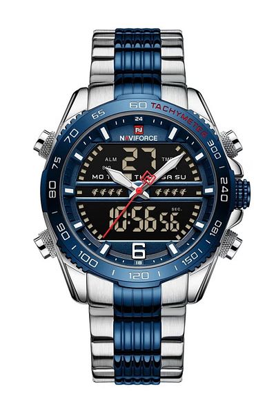 Naviforce Dual Display Sport Watch Blue Silver Stainless Steel Band Analog Digital Quartz Water Resistant