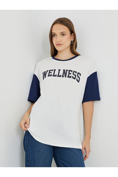 Styli Slogan Print Color Block Round Neck T-Shirt