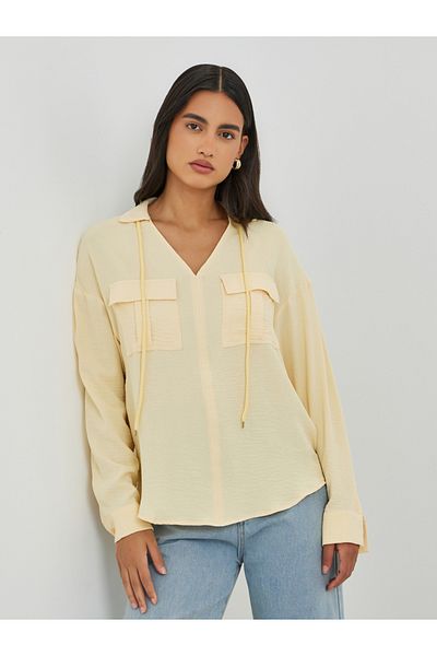 Styli Solid V Neck Blouse with Utility Pockets
