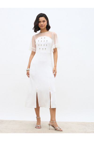Styli Embellished Mesh Insert A-Line Midi Dress