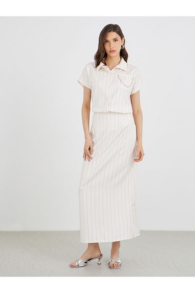 Styli Stripes Spread Collar Shirt with Maxi Skirt Co-Ords