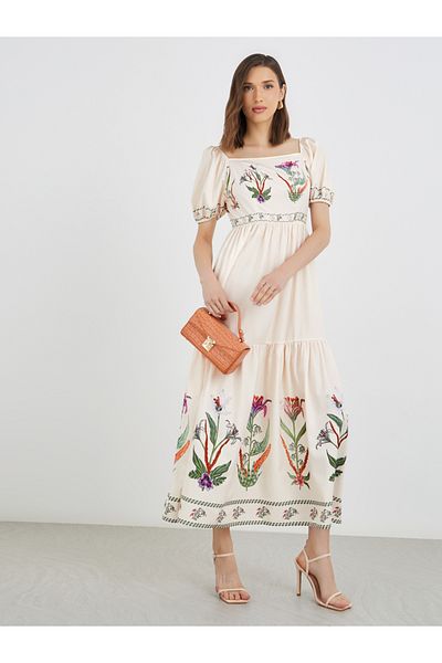 Styli Floral Print Puff Sleeve Square Neck Midi Dress