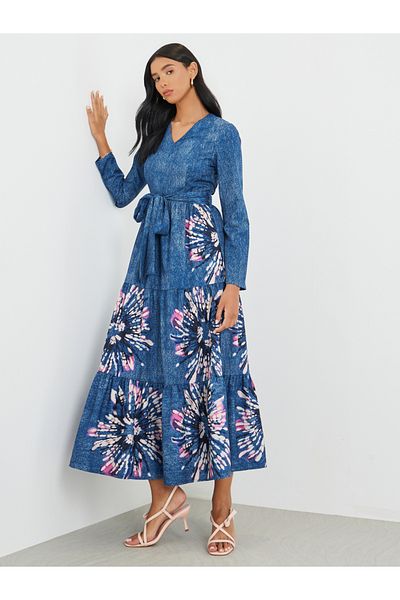 Styli Floral Print Long Sleeve V-Neck Belted Midi Dress