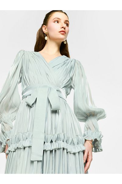 House of Moda By Styli Organza Ruffle Trim Pleated Maxi Dress