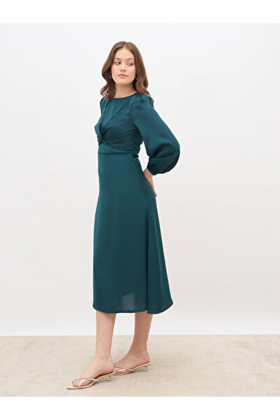Styli Women Teal Plain Satin Knot Front Balloon Sleeves A-Line Midi Dress
