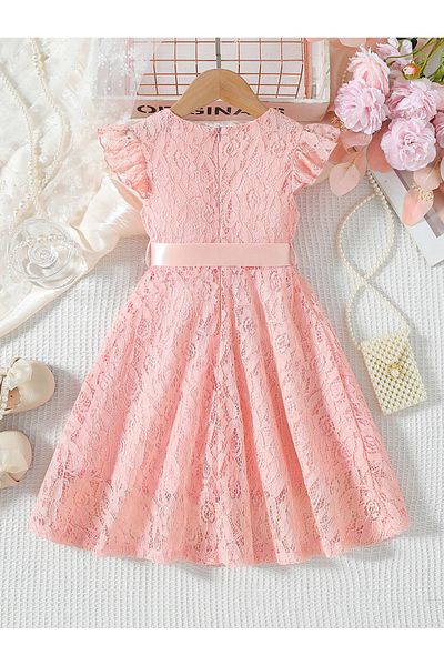 Take Two By Styli Lace Ruffled Sleeve Bow Detail Knee Length Dress
