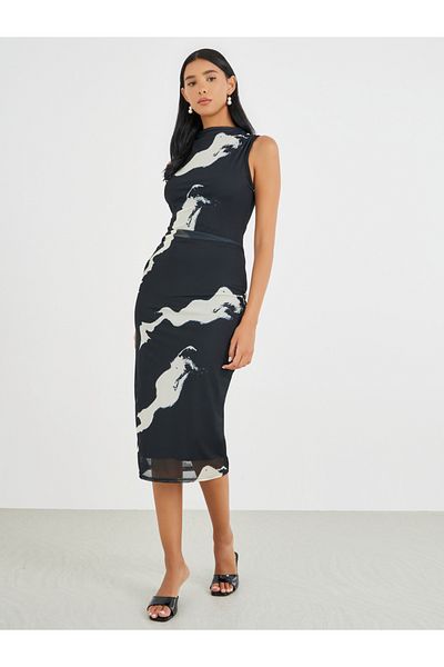Take Two By Styli Printed Sleeveless Ruched Detail Bodycon Midi Dress