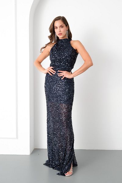 Lafaba Women's Navy Blue Halter Neckline Sequin Embroidered Long Evening Dress