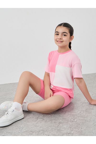 Styli Girls Color Block Short Sleeve T-Shirt and Shorts Set