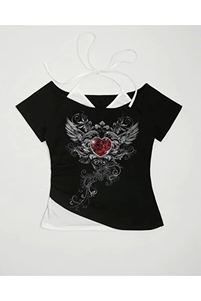 Violon Black Gothic Red Love Collar Short Sleeve Full Body Crop with Addition...