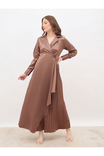 Styli Plain Satin Pleated Wrap Maxi Dress with Notch Lapel