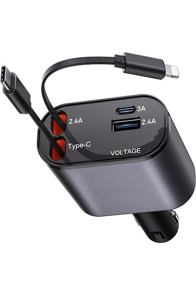 OEM Retractable Car Charger 4 in 1, Lightning + Type-C, 120W, Fast Charging, Digital Display, 12V-24V, I