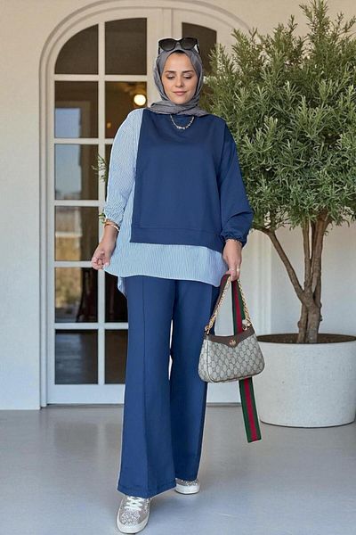 Aselim Hijap Moda طقم مكون من قطعتين مع تونيك مزين بقميص مخطط |   بنطلون واسع مع جيوب وأكمام وطويلة باللون الأزرق الداكن