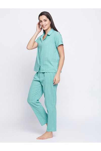 Clovia By Styli Striped Button Down Shirt and Pyjama Set