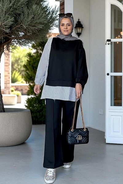 Aselim Hijap Moda Ριγέ πουκάμισο Λεπτομερές Τουνίκ Διπλό Σετ |   Μαύρο με τσέπες, φαρδιά πόδια και τουνίκ