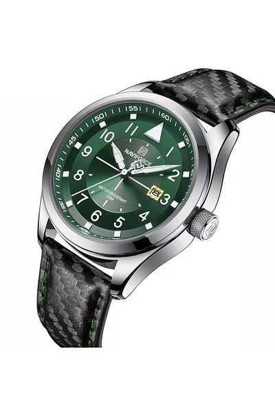 Naviforce Men's Green Dial Leather Strap Quartz Analog Wristwatch Water Resistant 30M for Everyday and Formal