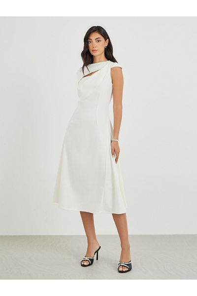 Styli Solid Asymmetric Neckline A-Line Midi Dress